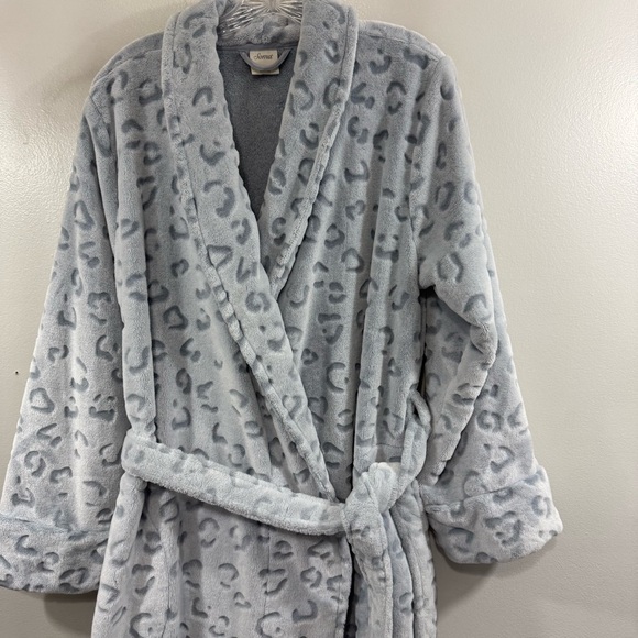 Soma Plush Blue/Gray Embossed Leopard Print Robe Belted Lounge Cozy Size L/XL - Picture 3 of 10